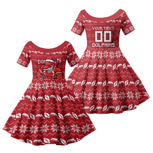 Personalized Dolphins Christmas Family Matching Short Sleeve Bodycon Dress and Hawaiian Shirt Australian Rugby Fans - Pixelated Ugly Xmas Pattern Mascot Santa