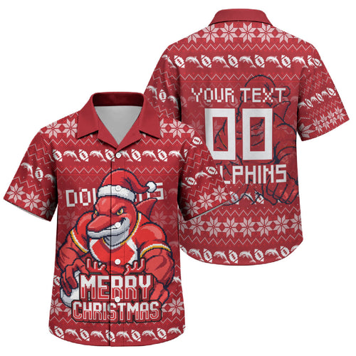 Personalized Dolphins Christmas Family Matching Short Sleeve Bodycon Dress and Hawaiian Shirt Australian Rugby Fans - Pixelated Ugly Xmas Pattern Mascot Santa
