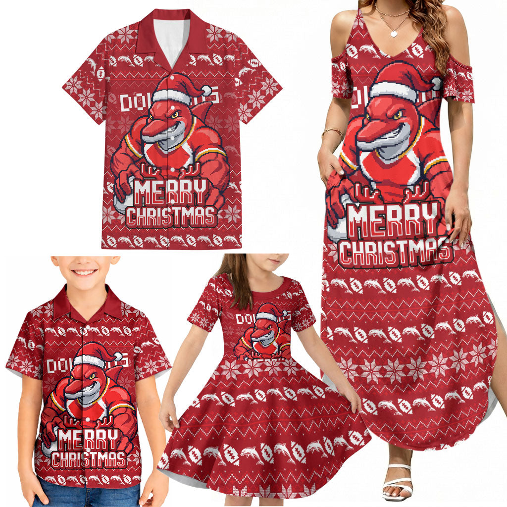 Personalized Dolphins Christmas Family Matching Summer Maxi Dress and Hawaiian Shirt Australian Rugby Fans - Pixelated Ugly Xmas Pattern Mascot Santa