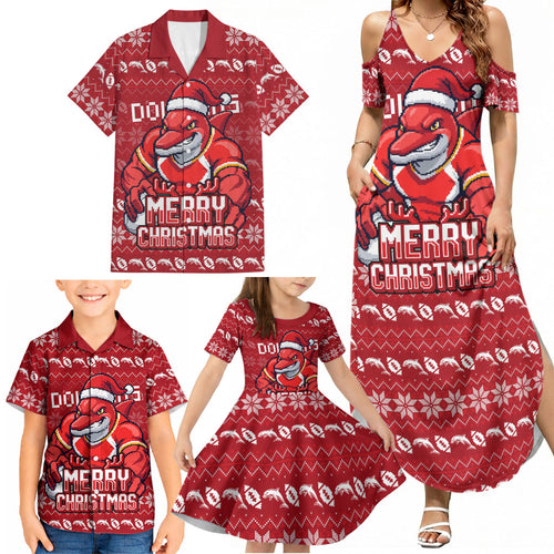 Personalized Dolphins Christmas Family Matching Summer Maxi Dress and Hawaiian Shirt Australian Rugby Fans - Pixelated Ugly Xmas Pattern Mascot Santa