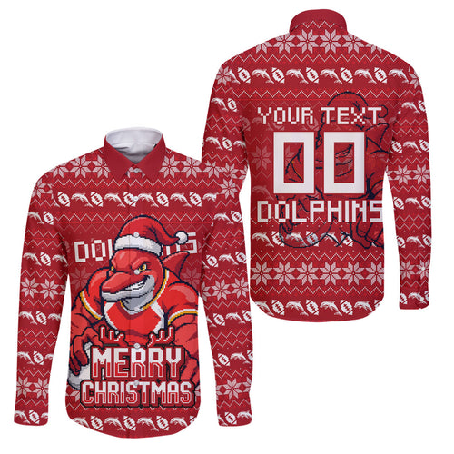Personalized Dolphins Christmas Family Matching Summer Maxi Dress and Hawaiian Shirt Australian Rugby Fans - Pixelated Ugly Xmas Pattern Mascot Santa