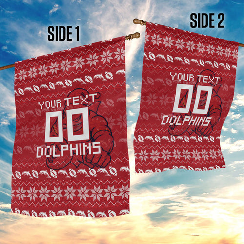 Personalized Dolphins Christmas Garden Flag Australian Rugby Fans - Pixelated Ugly Xmas Pattern Mascot Santa