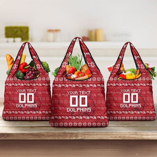 Personalized Dolphins Christmas Grocery Bag Australian Rugby Fans - Pixelated Ugly Xmas Pattern Mascot Santa