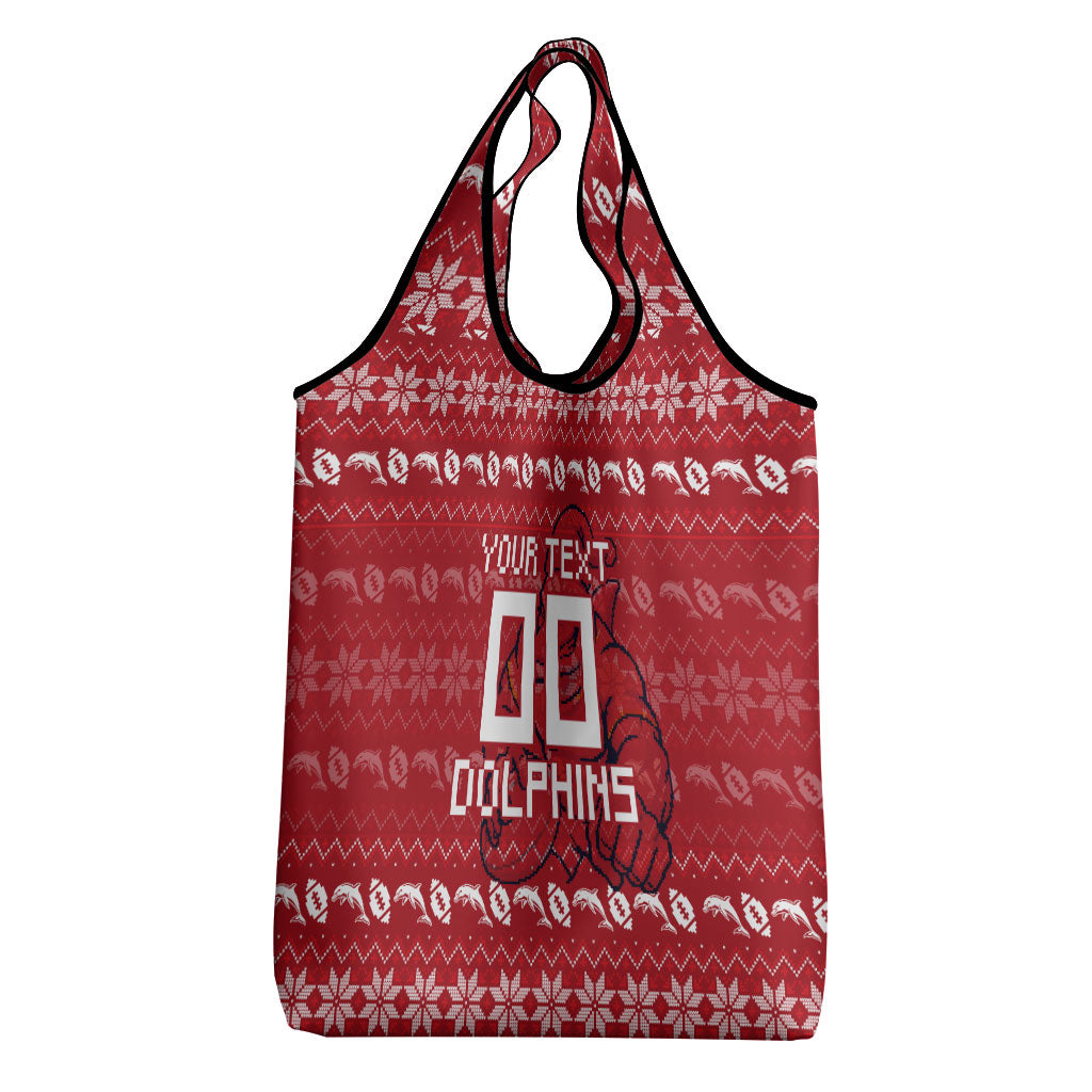 Personalized Dolphins Christmas Grocery Bag Australian Rugby Fans - Pixelated Ugly Xmas Pattern Mascot Santa
