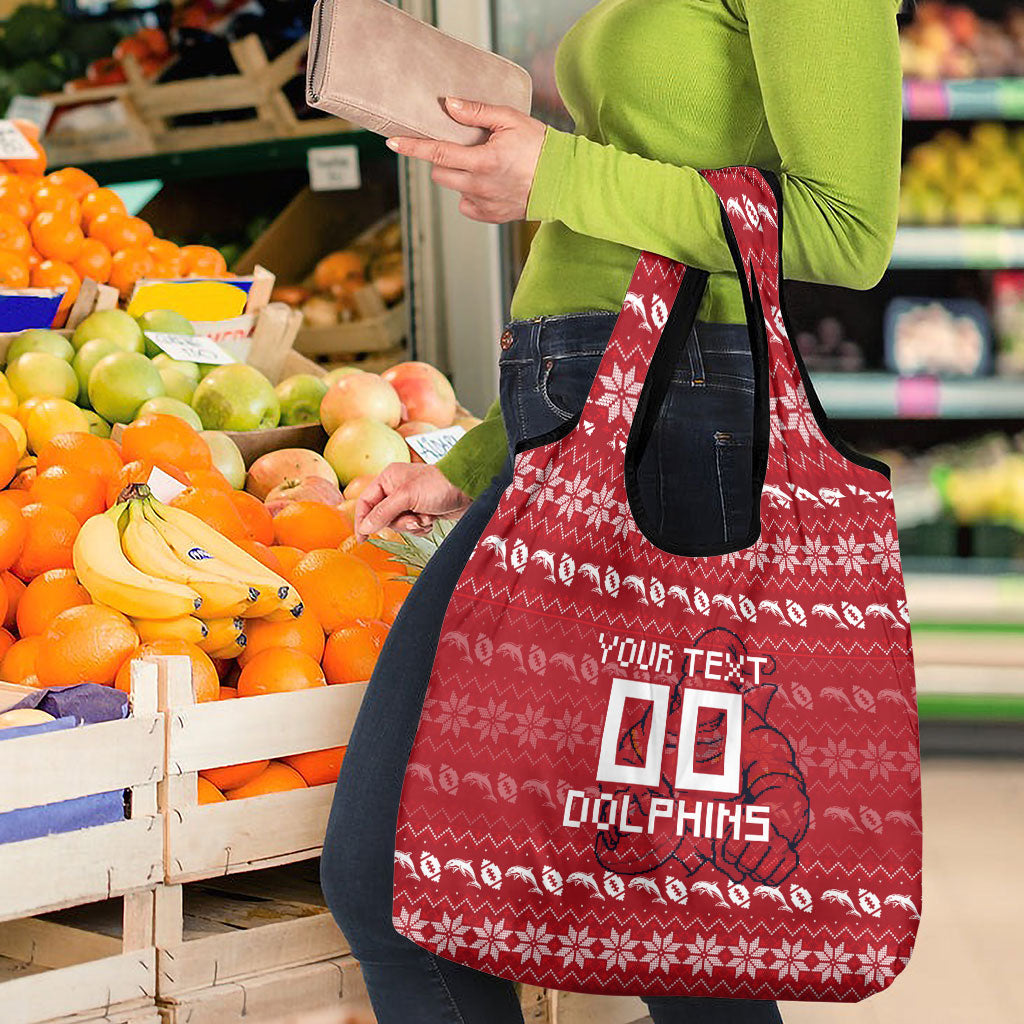 Personalized Dolphins Christmas Grocery Bag Australian Rugby Fans - Pixelated Ugly Xmas Pattern Mascot Santa