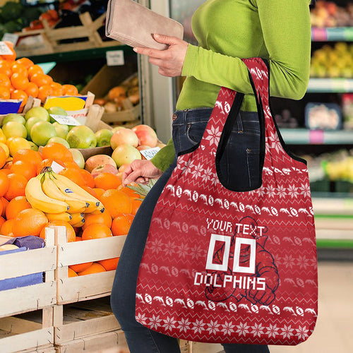 Personalized Dolphins Christmas Grocery Bag Australian Rugby Fans - Pixelated Ugly Xmas Pattern Mascot Santa