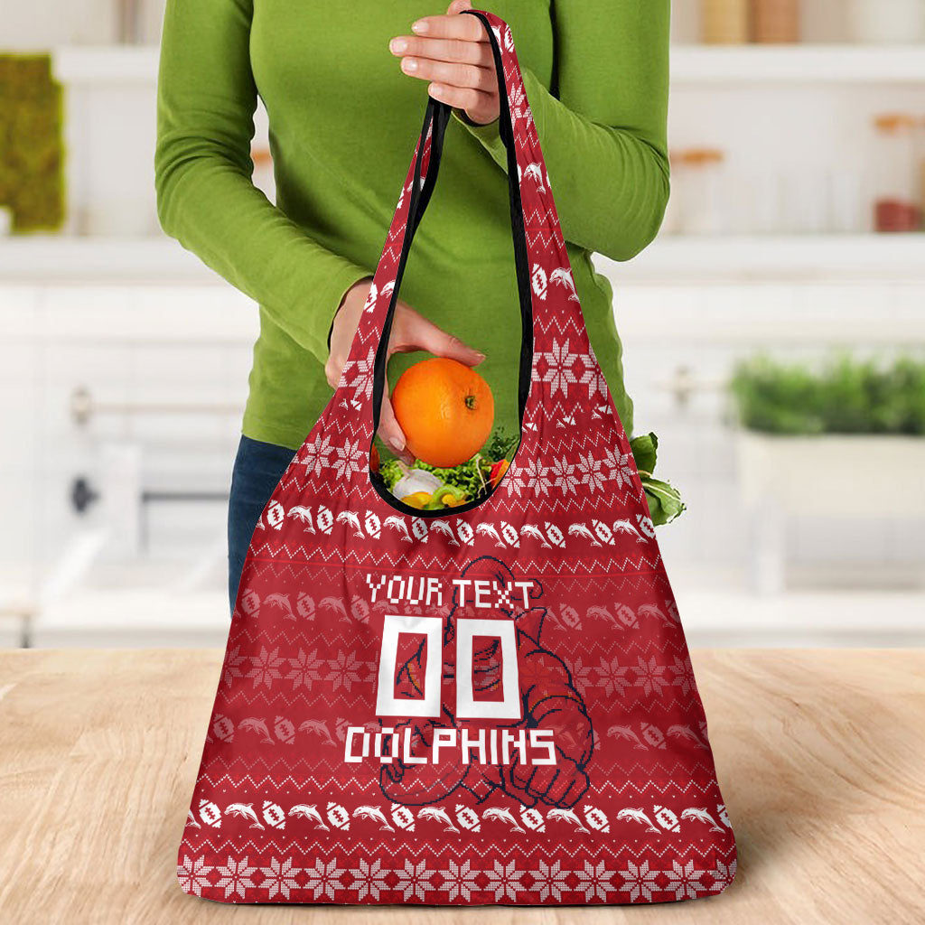 Personalized Dolphins Christmas Grocery Bag Australian Rugby Fans - Pixelated Ugly Xmas Pattern Mascot Santa
