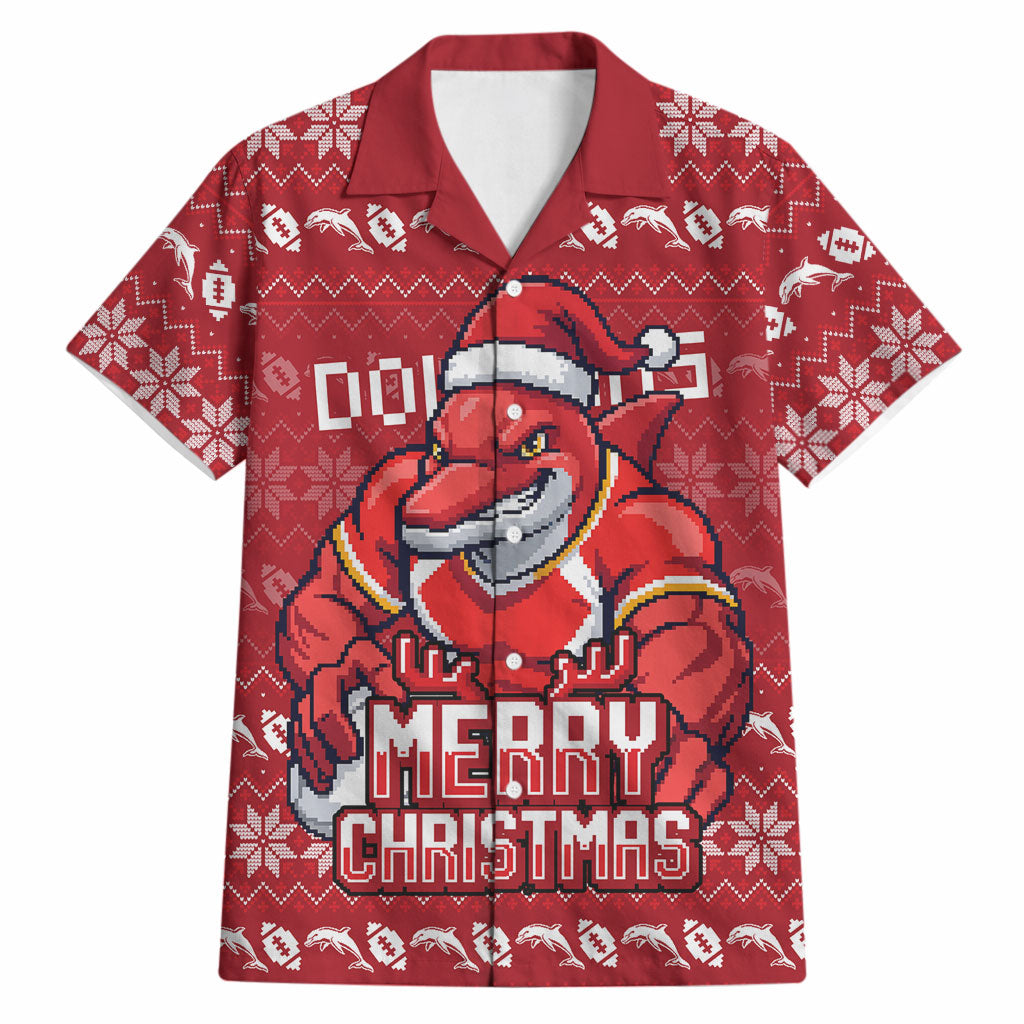 Personalized Dolphins Christmas Hawaiian Shirt Australian Rugby Fans - Pixelated Ugly Xmas Pattern Mascot Santa