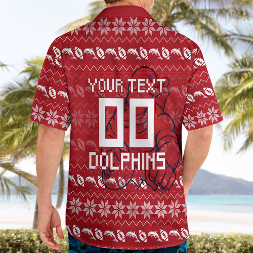 Personalized Dolphins Christmas Hawaiian Shirt Australian Rugby Fans - Pixelated Ugly Xmas Pattern Mascot Santa