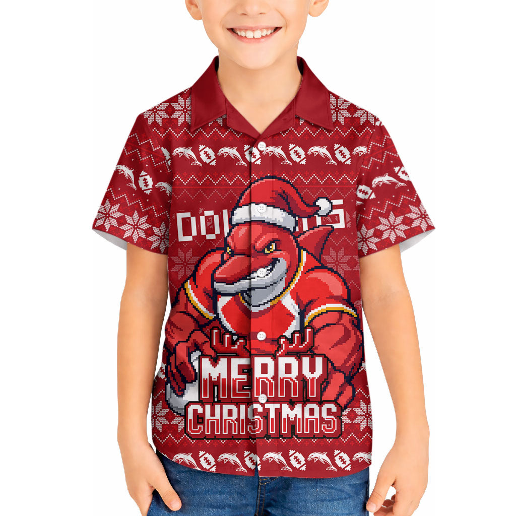 Personalized Dolphins Christmas Hawaiian Shirt Australian Rugby Fans - Pixelated Ugly Xmas Pattern Mascot Santa