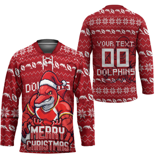 Personalized Dolphins Christmas Hockey Jersey Australian Rugby Fans - Pixelated Ugly Xmas Pattern Mascot Santa