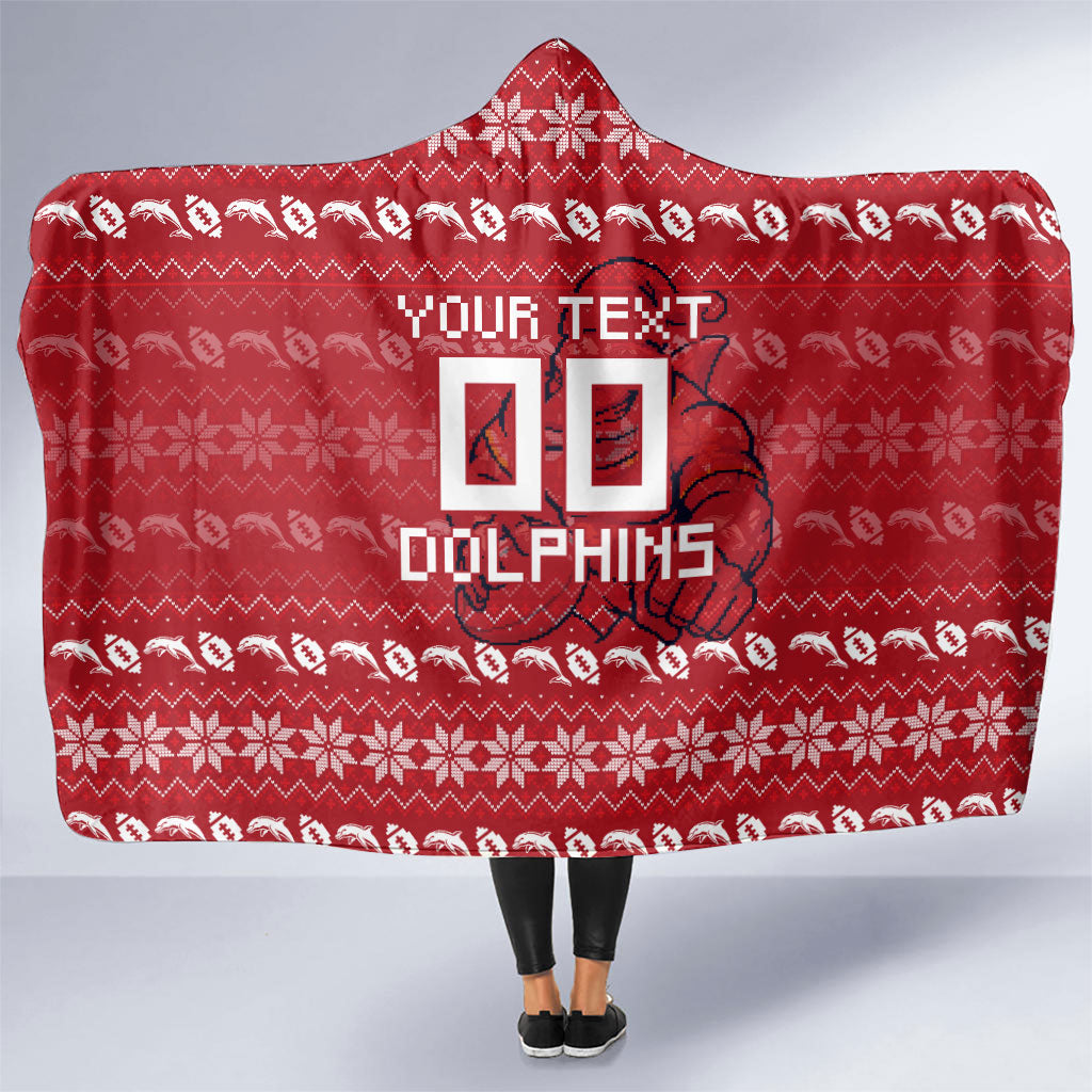 Personalized Dolphins Christmas Hooded Blanket Australian Rugby Fans - Pixelated Ugly Xmas Pattern Mascot Santa