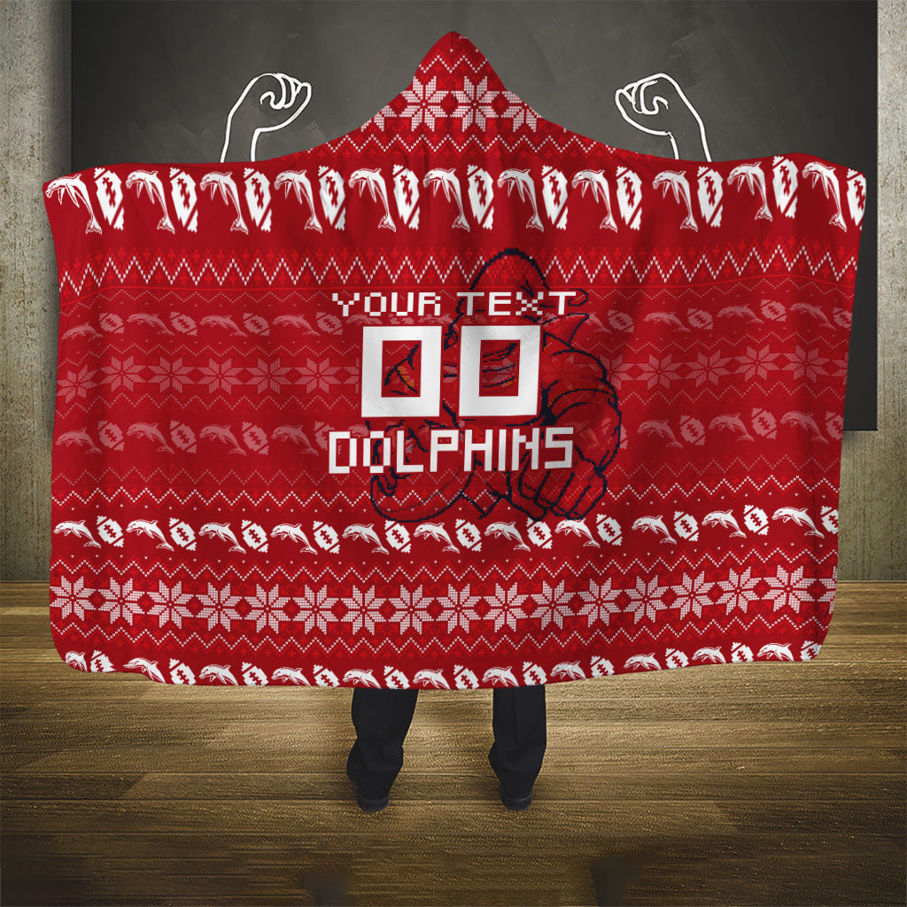 Personalized Dolphins Christmas Hooded Blanket Australian Rugby Fans - Pixelated Ugly Xmas Pattern Mascot Santa