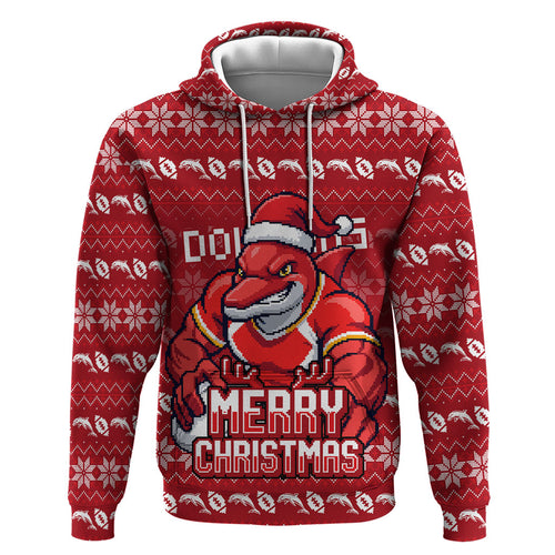 Personalized Dolphins Christmas Hoodie Australian Rugby Fans - Pixelated Ugly Xmas Pattern Mascot Santa