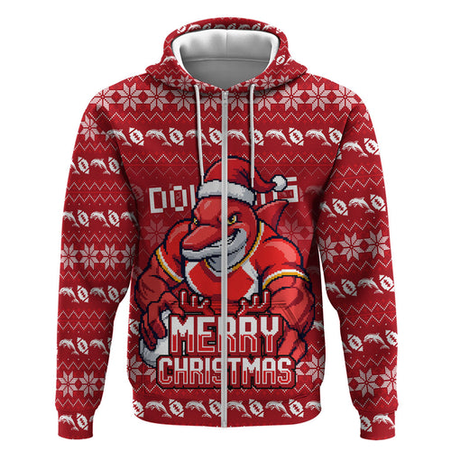 Personalized Dolphins Christmas Hoodie Australian Rugby Fans - Pixelated Ugly Xmas Pattern Mascot Santa