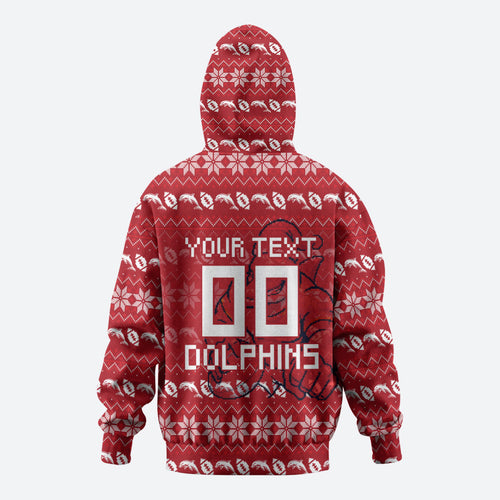 Personalized Dolphins Christmas Hoodie Australian Rugby Fans - Pixelated Ugly Xmas Pattern Mascot Santa