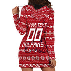 Personalized Dolphins Christmas Hoodie Dress Australian Rugby Fans - Pixelated Ugly Xmas Pattern Mascot Santa