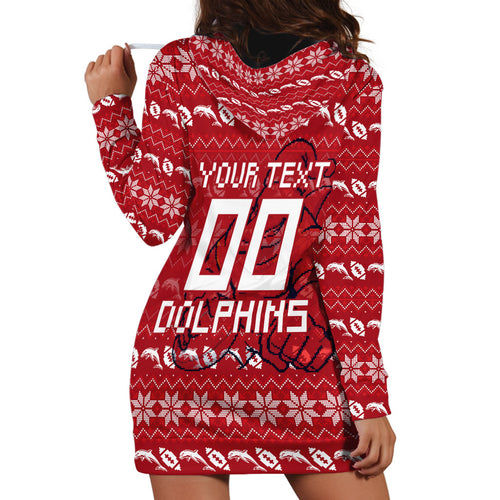 Personalized Dolphins Christmas Hoodie Dress Australian Rugby Fans - Pixelated Ugly Xmas Pattern Mascot Santa