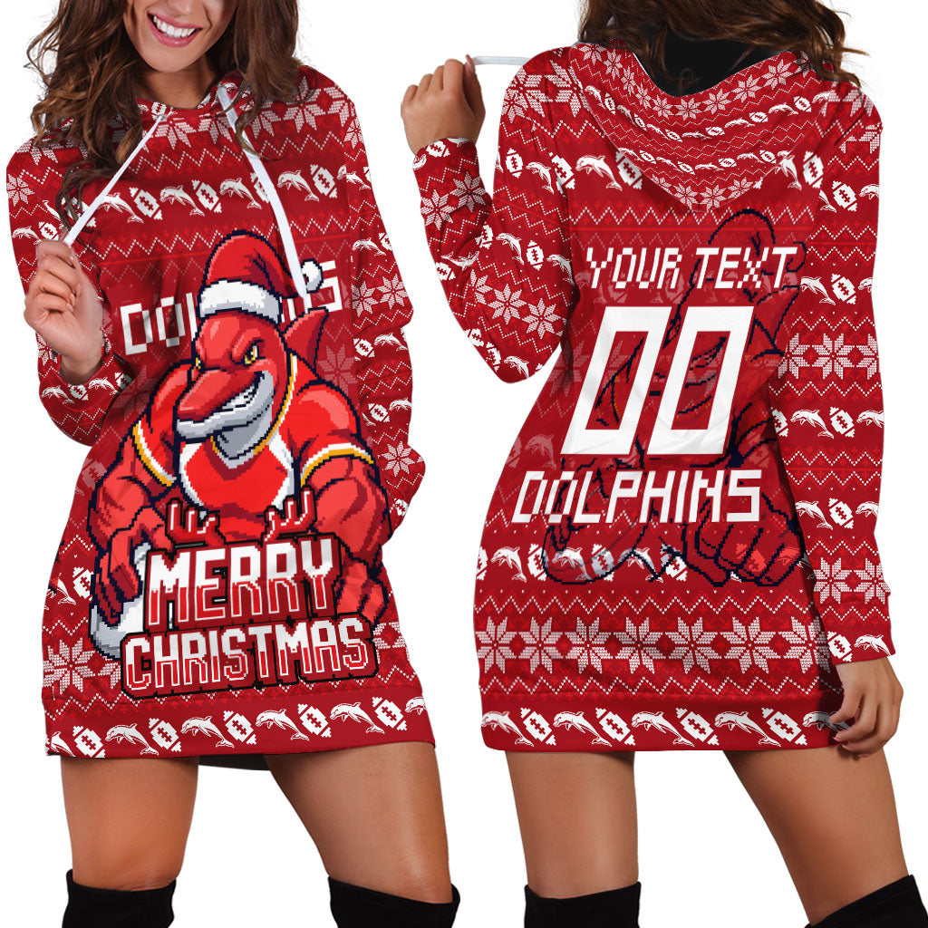 Personalized Dolphins Christmas Hoodie Dress Australian Rugby Fans - Pixelated Ugly Xmas Pattern Mascot Santa