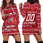 Personalized Dolphins Christmas Hoodie Dress Australian Rugby Fans - Pixelated Ugly Xmas Pattern Mascot Santa