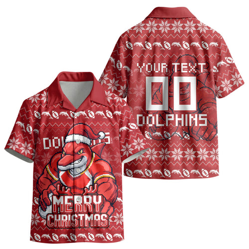 Personalized Dolphins Christmas Kid Hawaiian Shirt Australian Rugby Fans - Pixelated Ugly Xmas Pattern Mascot Santa
