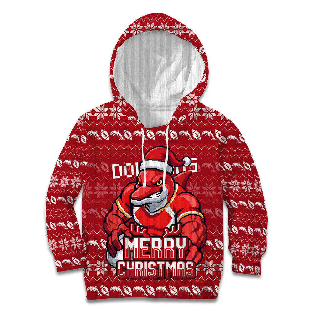 Personalized Dolphins Christmas Kid Hoodie Australian Rugby Fans - Pixelated Ugly Xmas Pattern Mascot Santa