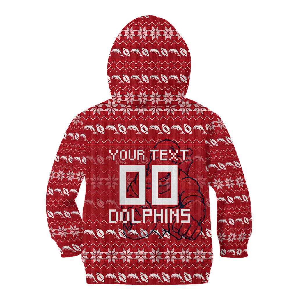 Personalized Dolphins Christmas Kid Hoodie Australian Rugby Fans - Pixelated Ugly Xmas Pattern Mascot Santa