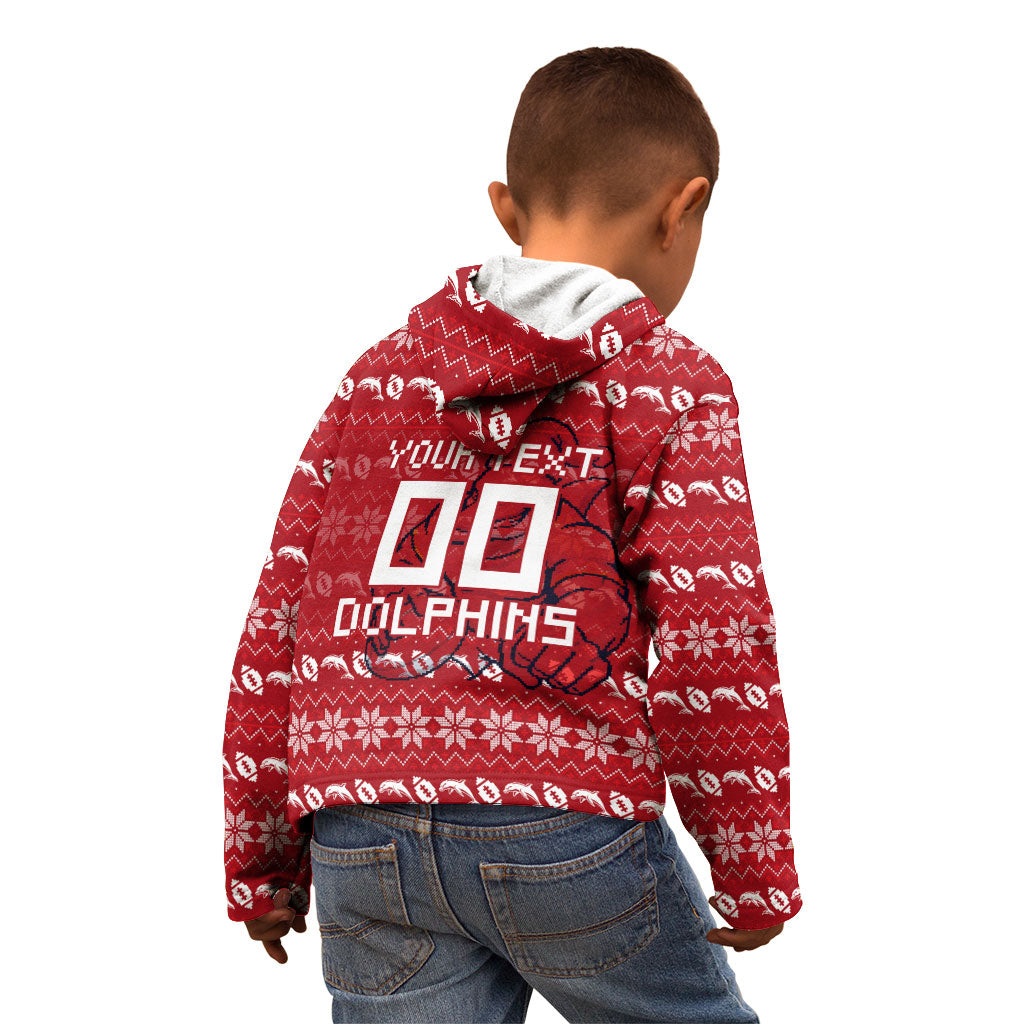 Personalized Dolphins Christmas Kid Hoodie Australian Rugby Fans - Pixelated Ugly Xmas Pattern Mascot Santa