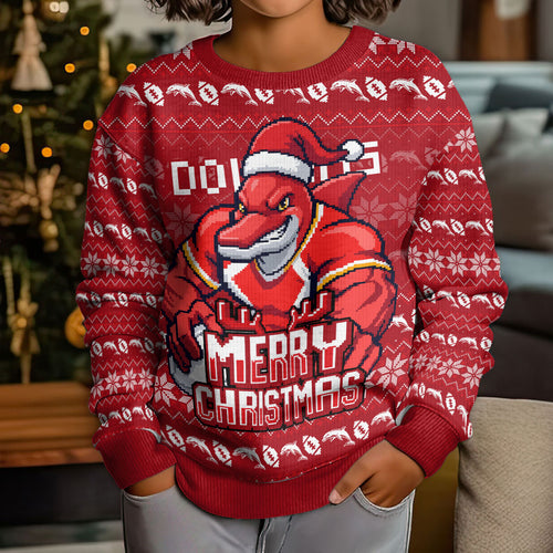 Personalized Dolphins Christmas Kid Ugly Christmas Sweater Australian Rugby Fans - Pixelated Ugly Xmas Pattern Mascot Santa