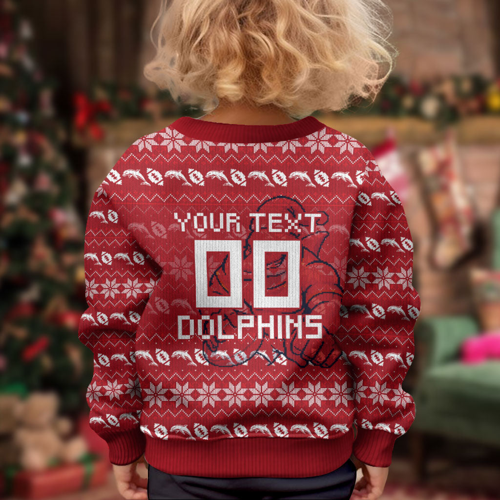 Personalized Dolphins Christmas Kid Ugly Christmas Sweater Australian Rugby Fans - Pixelated Ugly Xmas Pattern Mascot Santa