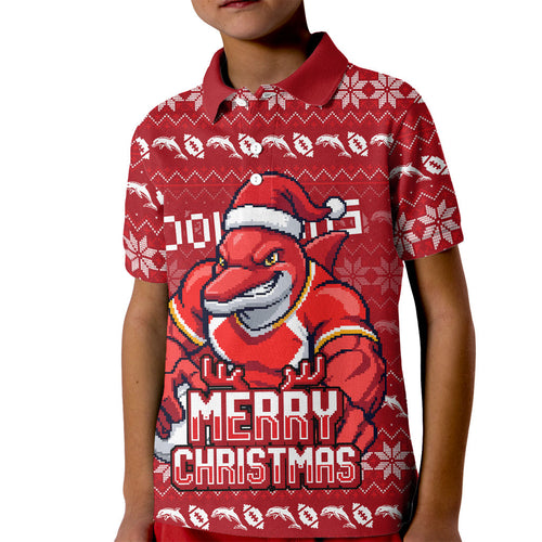 Personalized Dolphins Christmas Kid Polo Shirt Australian Rugby Fans - Pixelated Ugly Xmas Pattern Mascot Santa