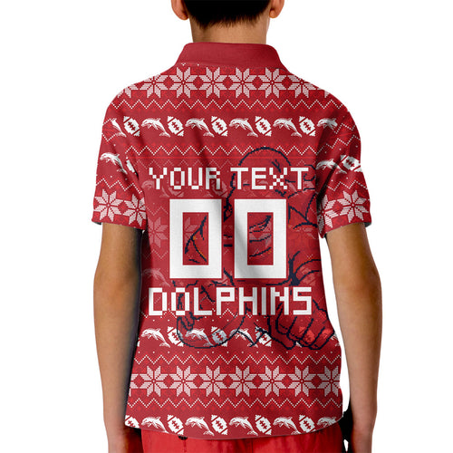Personalized Dolphins Christmas Kid Polo Shirt Australian Rugby Fans - Pixelated Ugly Xmas Pattern Mascot Santa