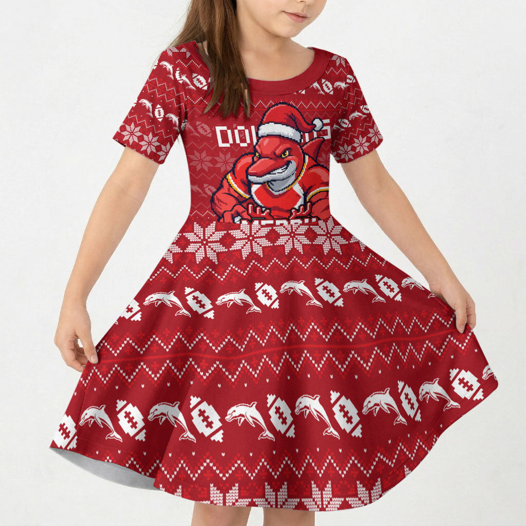 Personalized Dolphins Christmas Kid Short Sleeve Dress Australian Rugby Fans - Pixelated Ugly Xmas Pattern Mascot Santa