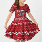 Personalized Dolphins Christmas Kid Short Sleeve Dress Australian Rugby Fans - Pixelated Ugly Xmas Pattern Mascot Santa