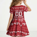 Personalized Dolphins Christmas Kid Short Sleeve Dress Australian Rugby Fans - Pixelated Ugly Xmas Pattern Mascot Santa
