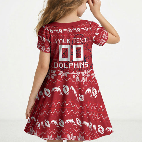 Personalized Dolphins Christmas Kid Short Sleeve Dress Australian Rugby Fans - Pixelated Ugly Xmas Pattern Mascot Santa