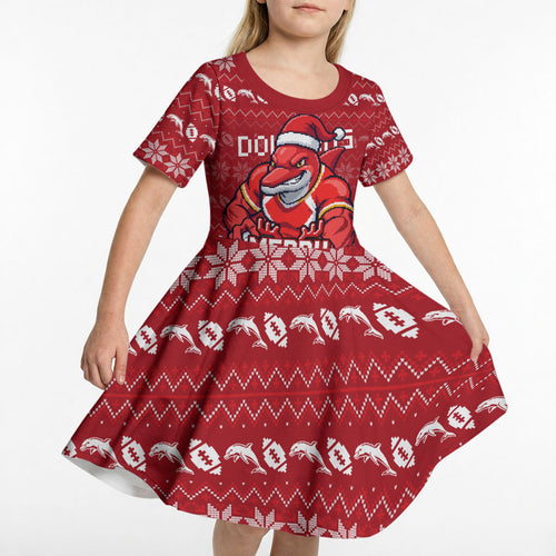 Personalized Dolphins Christmas Kid Short Sleeve Dress Australian Rugby Fans - Pixelated Ugly Xmas Pattern Mascot Santa