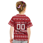 Personalized Dolphins Christmas Kid T Shirt Australian Rugby Fans - Pixelated Ugly Xmas Pattern Mascot Santa