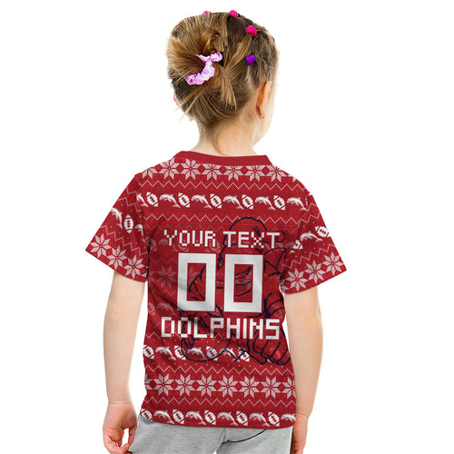 Personalized Dolphins Christmas Kid T Shirt Australian Rugby Fans - Pixelated Ugly Xmas Pattern Mascot Santa