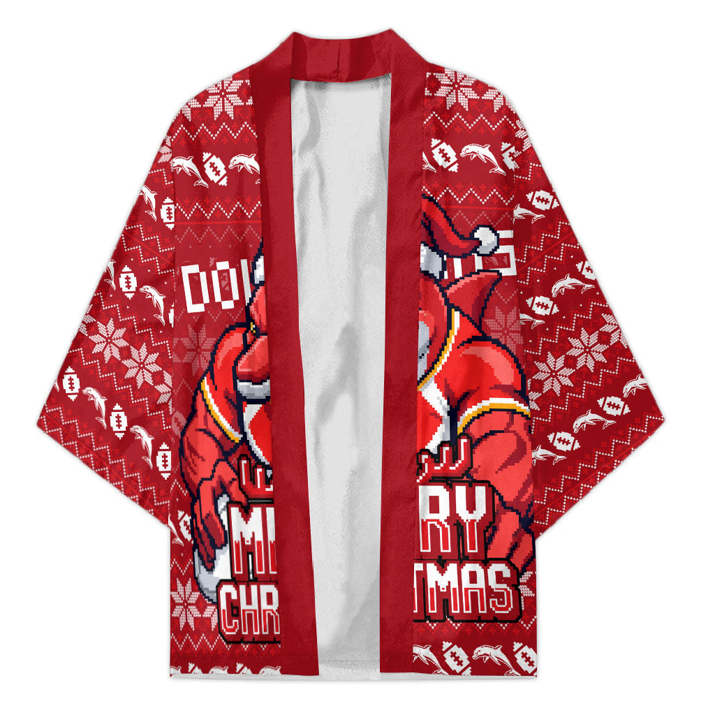 Personalized Dolphins Christmas Kimono Australian Rugby Fans - Pixelated Ugly Xmas Pattern Mascot Santa