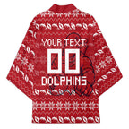 Personalized Dolphins Christmas Kimono Australian Rugby Fans - Pixelated Ugly Xmas Pattern Mascot Santa