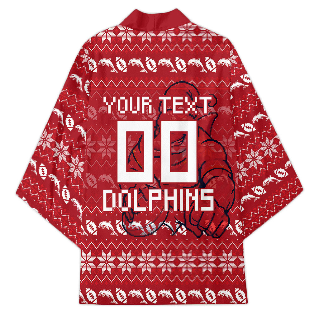 Personalized Dolphins Christmas Kimono Australian Rugby Fans - Pixelated Ugly Xmas Pattern Mascot Santa
