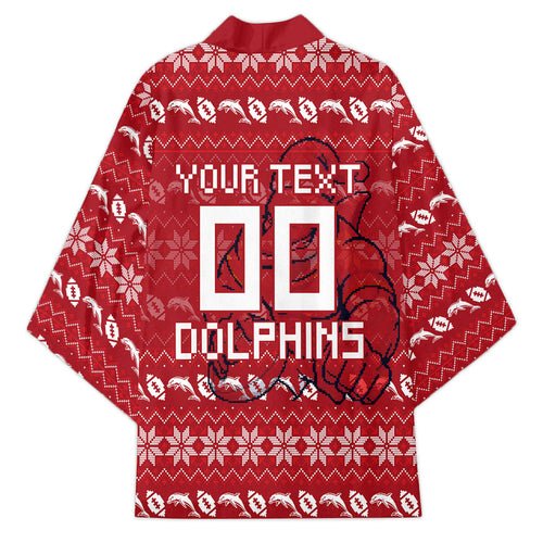Personalized Dolphins Christmas Kimono Australian Rugby Fans - Pixelated Ugly Xmas Pattern Mascot Santa