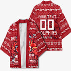 Personalized Dolphins Christmas Kimono Australian Rugby Fans - Pixelated Ugly Xmas Pattern Mascot Santa