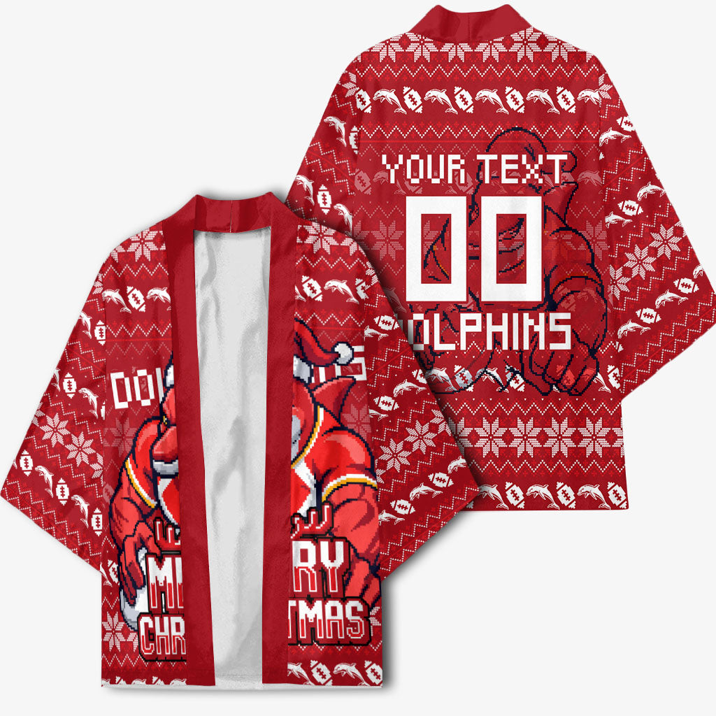 Personalized Dolphins Christmas Kimono Australian Rugby Fans - Pixelated Ugly Xmas Pattern Mascot Santa