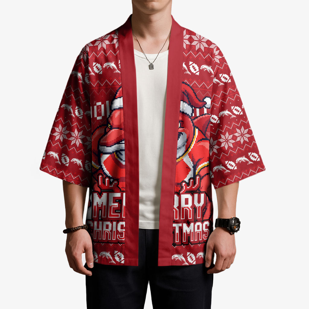 Personalized Dolphins Christmas Kimono Australian Rugby Fans - Pixelated Ugly Xmas Pattern Mascot Santa