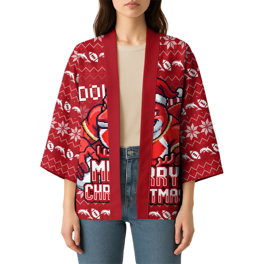 Personalized Dolphins Christmas Kimono Australian Rugby Fans - Pixelated Ugly Xmas Pattern Mascot Santa