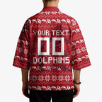 Personalized Dolphins Christmas Kimono Australian Rugby Fans - Pixelated Ugly Xmas Pattern Mascot Santa