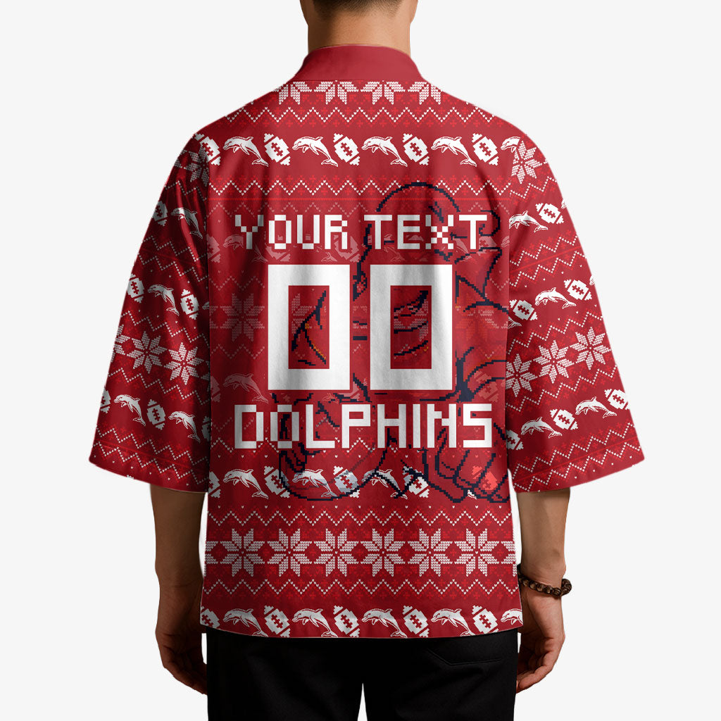 Personalized Dolphins Christmas Kimono Australian Rugby Fans - Pixelated Ugly Xmas Pattern Mascot Santa
