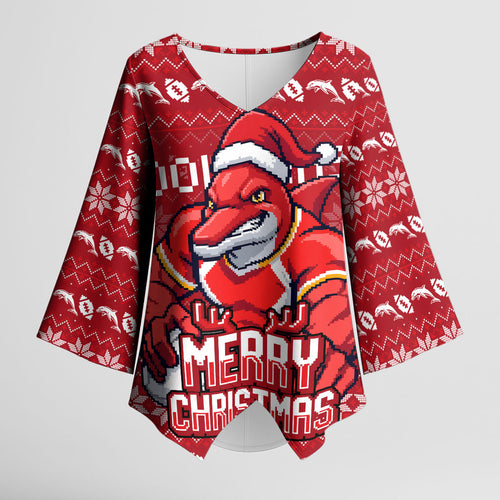 Personalized Dolphins Christmas Kimono Sleeve Blouse Australian Rugby Fans - Pixelated Ugly Xmas Pattern Mascot Santa